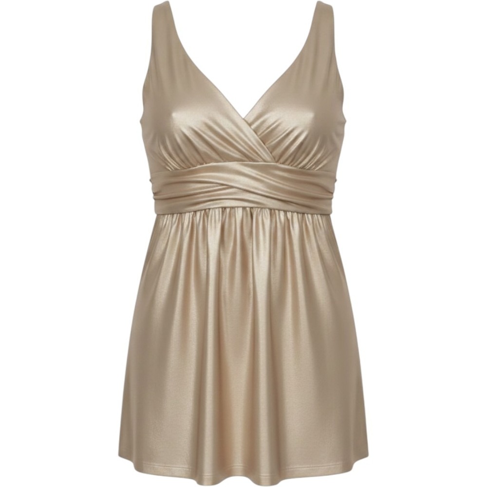 Moa Moa Woman's XL Metallic Gold Pleated Empire Waist Beaded Strap Top